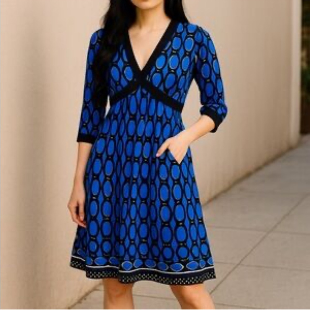 Bisou Bisou Women’s Baby Doll Blue Black Geometric Print 3/4 Sleeve Dress Sz 12